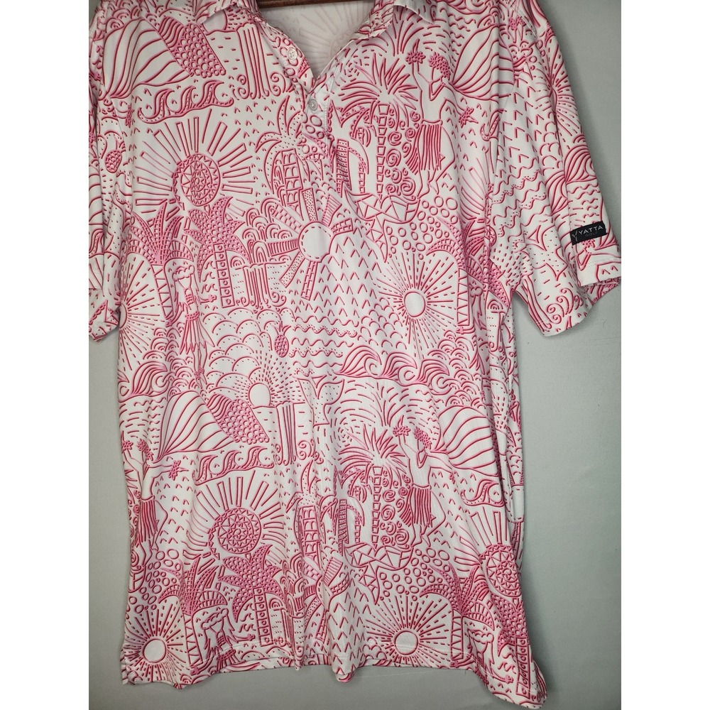 Yatta Golf Polo Men's Shaka Life Hawaiian‎ Aloha Sun Pink Red Stretch Polo XL - Picture 5 of 8